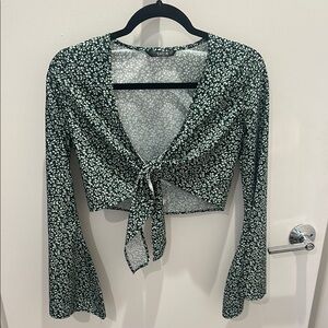 SHEIN Black and Gray Long Sleeve Tie Front Crop Blouse